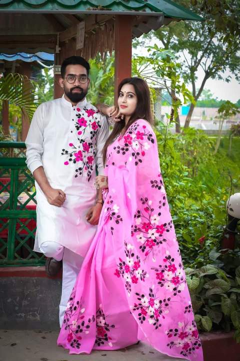 New%20Designer%20Half%20Silk%20Hand%20Print%20Saree%20And%20Dhupian%20Panjabi%20For%20Combo%20Couple%20for%20Men%20and%20Women%20-%20Image%202
