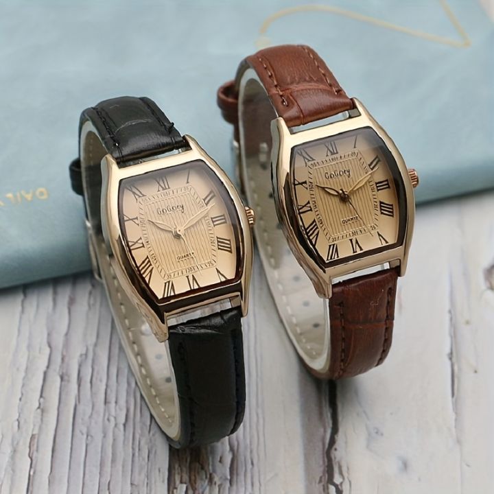 Waterproof Vintage Hands Quartz Watch Roman Numerals Dial Leather Strap Women Men