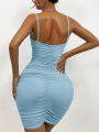 6 Colors Wrinkled Pleated V Neck Sling Dress Short Club Ladies Summer Bodycon Dress Evening Party Tight Mini Dress D007. 