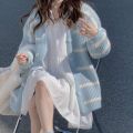 Korean Style Versatile Striped Cardigan Sweater Coat for Female Students Autumn and Winter New Lazy Style Cardigan Long Sleeve Knitted Top.