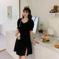 Plus Size Dress Women Solid Slim Trendy Spring Simple Korean Style Elegant Casual Soft Side-slit Ladies Fashion All-match Party.