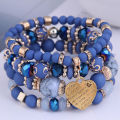 4pcs/set Bohemia style resin beads crystal stone heart charm elastic multilayer wrap bracelet for women jewelry.
