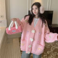 Women's Clothing New Korean Style Lazy Style Sweet Age-Reducing Candy Color Bow V Collar Three-Dimensional Flower Cardigan Sweater. 