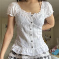 Dourbesty 2000s Sweet White T-shirt Summer Button U Neck Short Sleeve Back Tie-up Ruffle Trim Tops Tee Fairycore Milkmaid Tshirt. 