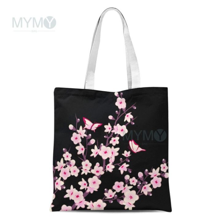 Butterfly Print Shoulder Bags Female Shopping Tote Black Canvas Foldable Reusable Casual Student Portable School Handbag Trendy