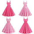Manufacturers supply a large number of spot Barbie powder suspender party casual polka dot plaid print dress.
