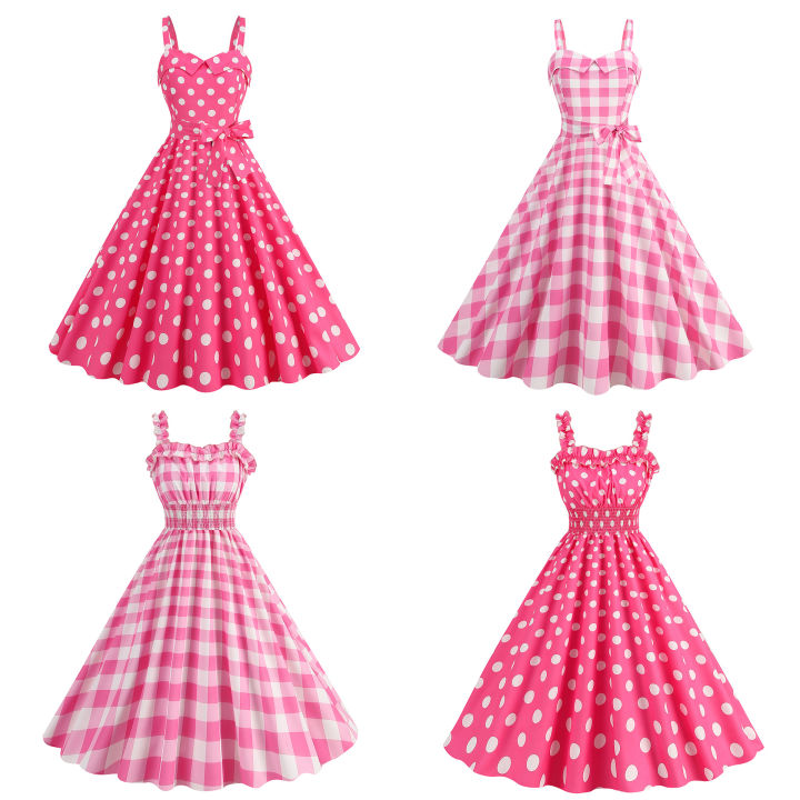 Manufacturers supply a large number of spot Barbie powder suspender party casual polka dot plaid print dress