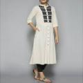 Cream Cotton Unstitched Block Printed Three Piece For Women. 