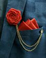 Ribbon Rose Flower Brooch Pin Badge Tassel Chain With Matching Pocket Square Set For Men. 