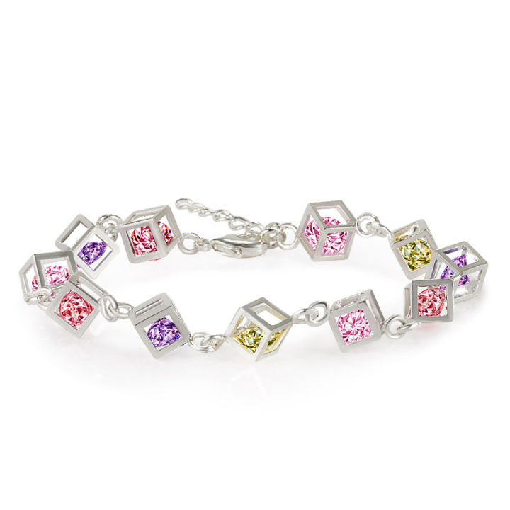 AliExpress 12 Pieces Rubik's Cube Bracelet Silver-Plated Checkered White Diamond Colored Diamond Bracelet Foreign Trade Wholesale