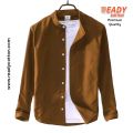 Men Shirt Band Collar Brown Solid Cotton  Mandarin Collar. 