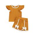 Jumperjuser-Toddler Kids Girls 2 Pieces Outfit, Fly Sleeve Round Neck Contrast Color T-Shirt + Bowknot Shorts Summer Set. 