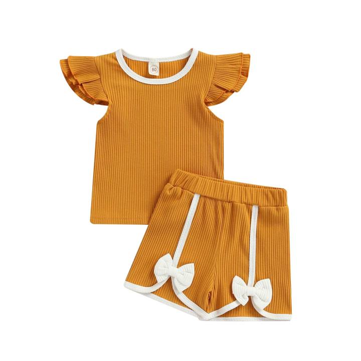 Jumperjuser-Toddler%20Kids%20Girls%202%20Pieces%20Outfit,%20Fly%20Sleeve%20Round%20Neck%20Contrast%20Color%20T-Shirt%20+%20Bowknot%20Shorts%20Summer%20Set%20-%20Image%202
