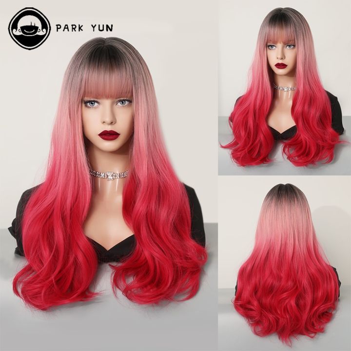 Mermaid Red Long Curly Synthetic Wigs with Bangs Natural Hair Wigs for Women Cosplay Party Daily Lolita Heat Resistant Daraz .bd