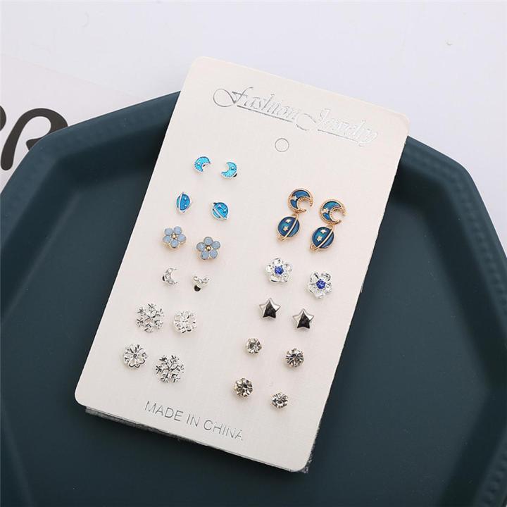 12 Pairs Korean Fashion Stud Earrings -Women Teens Girls Flower Snowflake Star Moon Trendy Earrings- Daily Fashion Jewelry