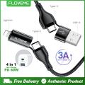 FLOVEME 4 in 1 Fast Charging High Current 3A Nylon Braided 1 Meter Data Sync Cable For iPhone iPad Type C Charge. 
