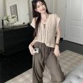 Three-Piece Women's Clothing Summer2023New Crocheted Hollow-out Knitted Vest Outer Wear Bandage Dress Vest Casual Wide-Leg Pants. 