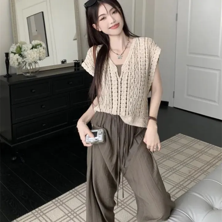 Three-Piece%20Women's%20Clothing%20Summer2023New%20Crocheted%20Hollow-out%20Knitted%20Vest%20Outer%20Wear%20Bandage%20Dress%20Vest%20Casual%20Wide-Leg%20Pants%20-%20Image%209