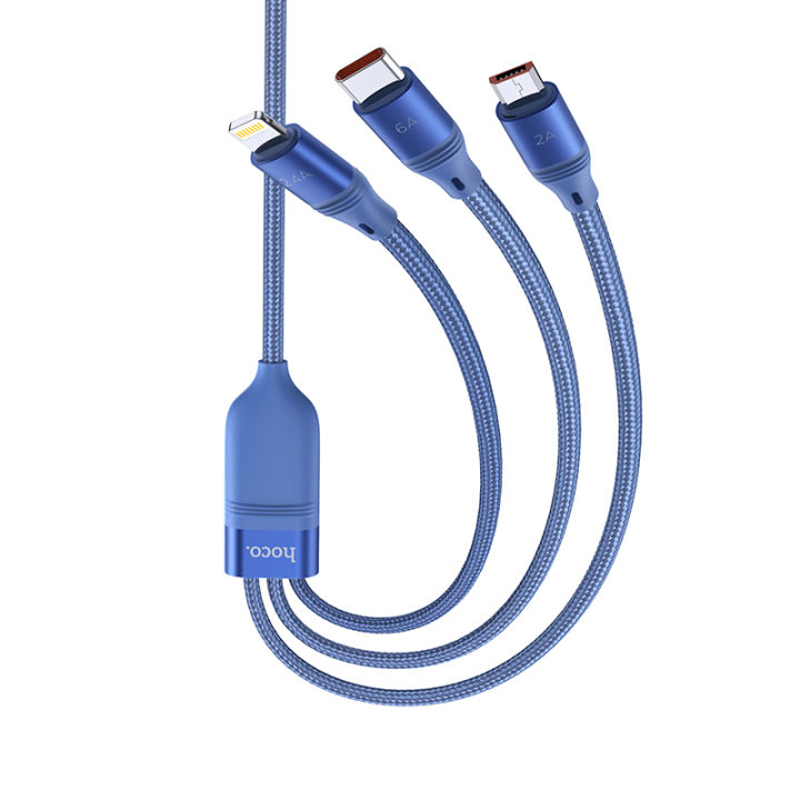 Hoco U104 3-in-1 66W Ultra 6A USB Fast Charging Data Cable (for iP+Micro+Type-C) - Blue