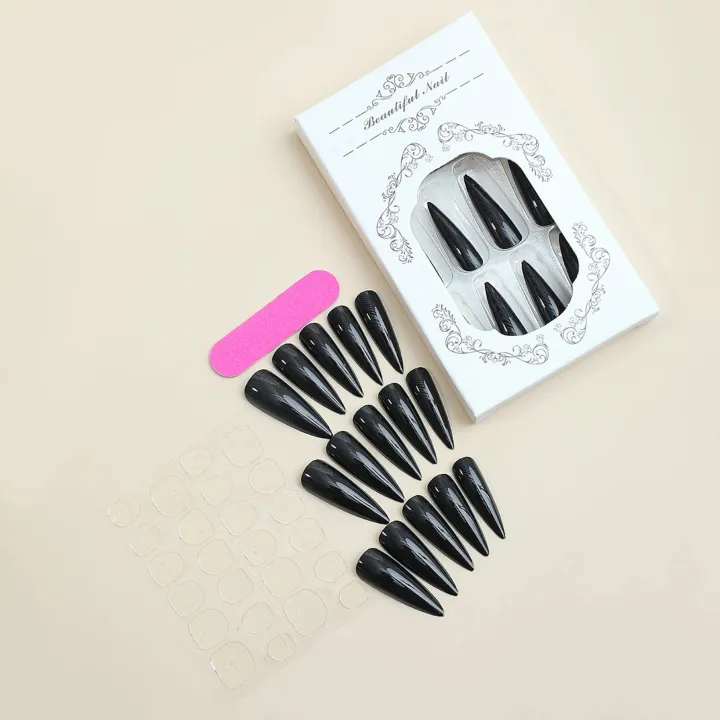 24pcs%20Glossy%20Black%20Nails%20Set%20Press%20On%20Nail%20Tips%20Solid%20Color%20Long%20Stiletto%20Removable%20Artificial%20Nails%20Decoration%20Nail%20Art%20-%20Image%204