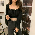 [ Four-Sided Bomb ] Niche Design Long Sleeve Black Slimming Shirt 2024 Spring and Summer Slim Fit Short Square Collar Lining. 