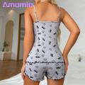 Amamia Women Loungewear Lace Stitching Women Dot Print Sling Vest Wide Leg Shorts Set. 