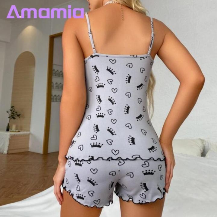 Amamia%20Women%20Loungewear%20Lace%20Stitching%20Women%20Dot%20Print%20Sling%20Vest%20Wide%20Leg%20Shorts%20Set%20-%20Image%206