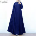 ZANZEA Muslimah Womens Muslim Pleated Baggy Long Sleeve A Line Elegant Maxi Dress.