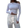 Women Ruched Off-shoulder T-shirt Casual Solid Color Long Sleeve Cropped Tops Streetwear Clubwear.