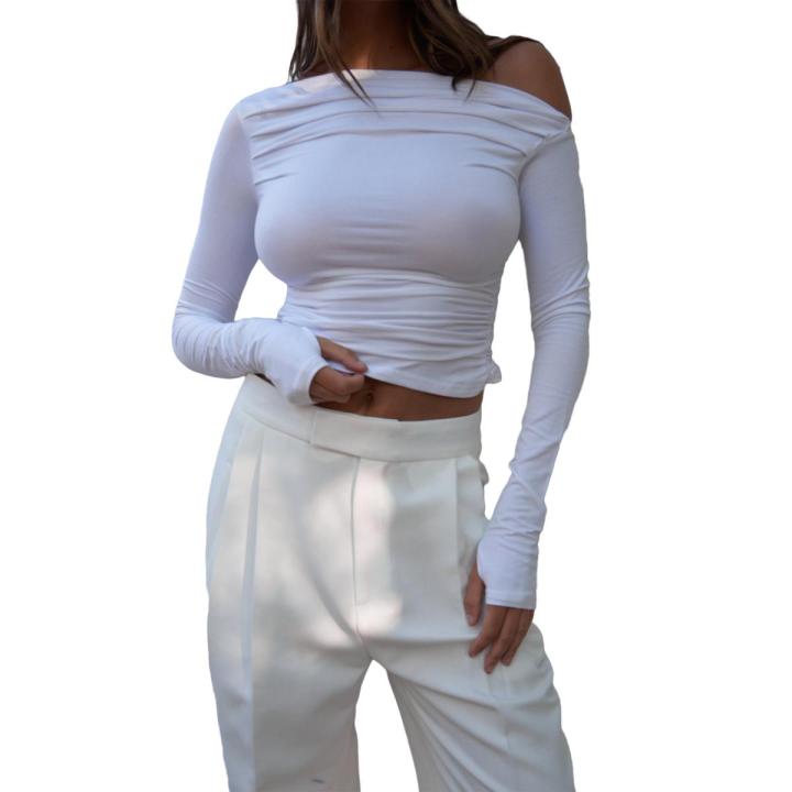 Women Ruched Off-shoulder T-shirt Casual Solid Color Long Sleeve Cropped Tops Streetwear Clubwear