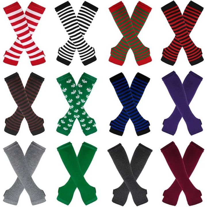 Women's Elbow Gloves Christmas Long Knitted Arm Cover Autumn Winter Fashion Striped Cotton Elbow Mittens Long Fingerless Gloves