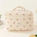 Women Floral Cosmetic Bag Printed Cotton Aesthetic Toiletry Purse Large Capacity Zipper Closure Girls Daily Handbag. 