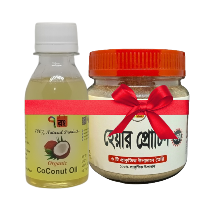 Hair Protien Pack=100gm + Coconut Oil=100ml. This product is made of natural ingredients. It does not contain any chemicals.
