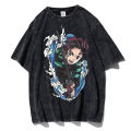 Vintage washed men T-shirts anime demon slayer Kamado tanjirou print t shirt casual shirts tops Y2K clothes.