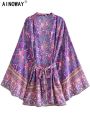 Purple Floral Print Sashes Bohemian Short Robe Kimino Dress for Women V Neck Batwing Sleeves Rayon Beach Boho Bikini Cover-ups.