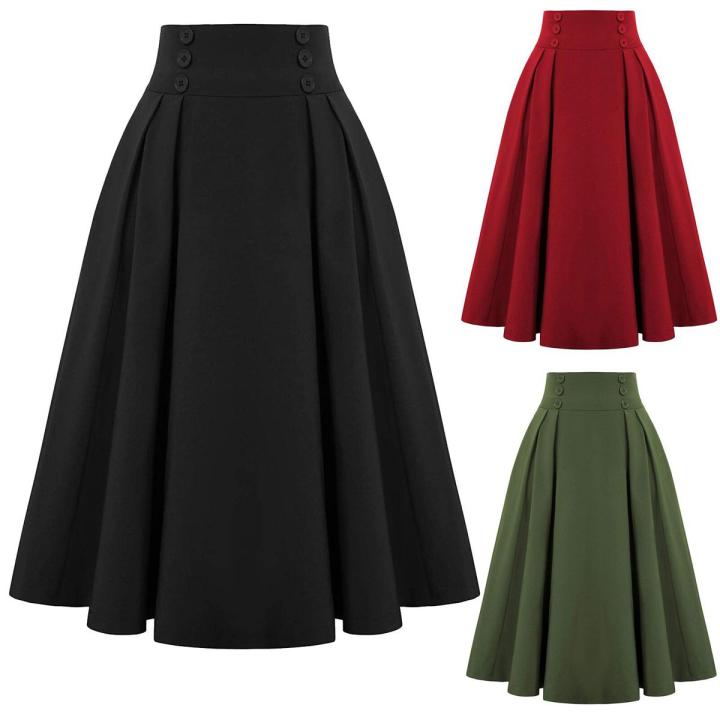 JAYCOSIN Women Fashion Skirt With Pockets Vintage High Waist Pleated Skirt Casual Solid Ankle-Length Vintage Skirt For Women