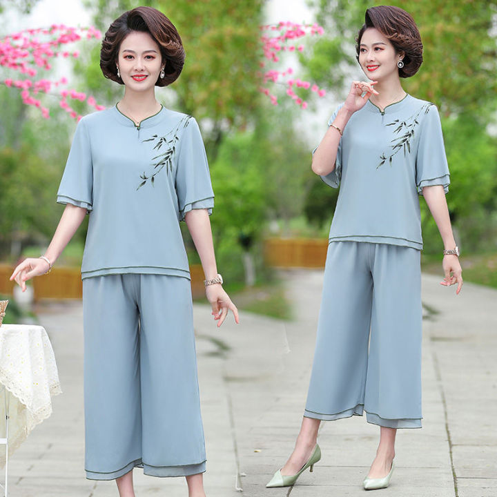 Middle-Aged and Elderly Women's Summer Mom Suit Western Style plus Size Wide Lady Temperament Short Sleeve Casual Chiffon Two-Piece Thin