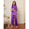 Silken Serenity: Women’s Lounge Pajama Set with Button-Down Top. 