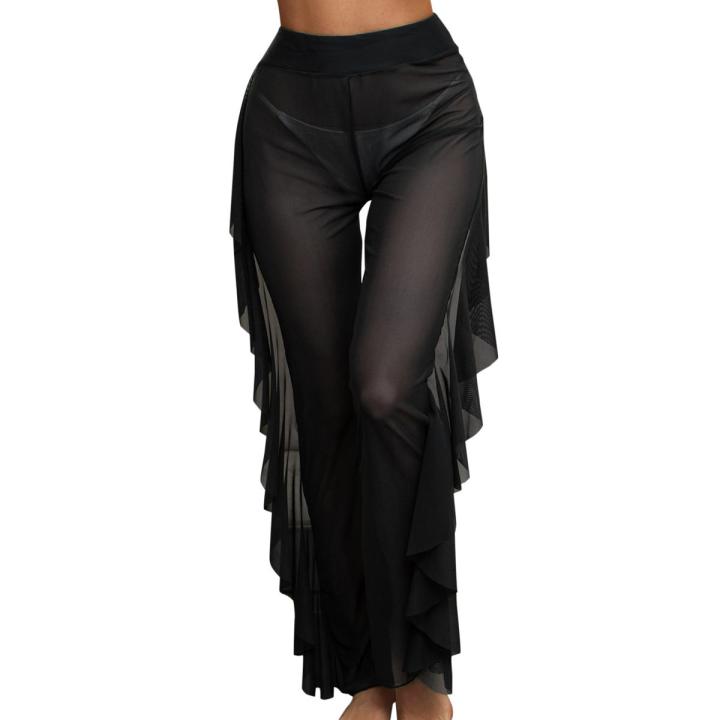 Women Mesh Ruffle Trim Cover Up Pants Beach Cover Up Beach Wrap Bikini Shiny Wraps Cover Ups For Swimwear Ruffle Pants 2022