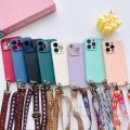 HoneyYami Classic Strap Case For iPhone 15 Pro Max 14 13 12 Mini X XR XS 7 8 Plus 11 Pro Crossbody Lanyard Neck Cord Liquid Silicone Cover.