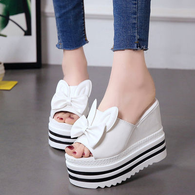 Sandals and slippers women's summer Korean version high-heeled wedge thick-soled all-match non-slip inner heightening white outer wear slip-on