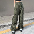 Pocket Solid Color Cargo Pants Women's Y2K Street Retro Loose Wide-Leg Overalls Couple Casual Joker Mopping Jeans Pants Women.