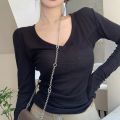 Pure Desire Style ShoulderVCollar Long SleeveTT-shirt Women's Spring and Autumn Thin Hot Girl Slim Fit Slimming Basic Black Primer Top.