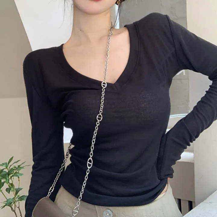 Pure%20Desire%20Style%20ShoulderVCollar%20Long%20SleeveTT-shirt%20Women's%20Spring%20and%20Autumn%20Thin%20Hot%20Girl%20Slim%20Fit%20Slimming%20Basic%20Black%20Primer%20Top%20-%20Image%204