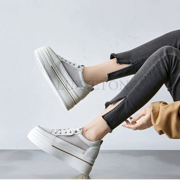 7cm Sewing Genuine Leather Women Wedge Shoes Platform Wedge Sneakers High Heel Breathable Female Casual High Shoes