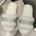 Winter Luxury Rhinestone Women Warm Fur Slippers Cozy Fluffy Furry Slides Crystal Flat Indoor Design Home Shoes Ladies 43. 