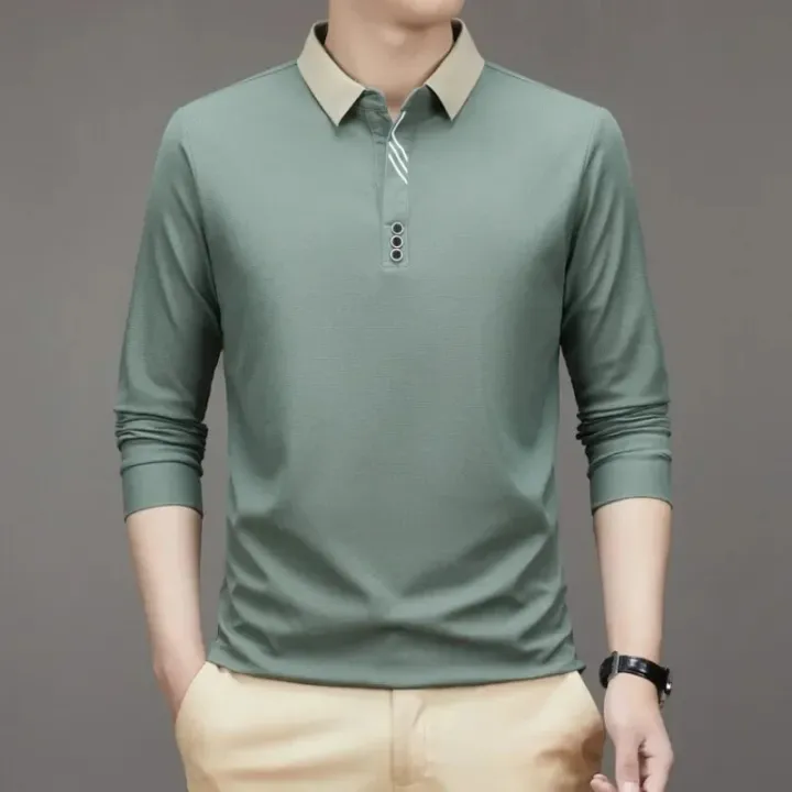Men's%20Long%20Sleeve%20Turn-down%20Collar%20Waffle%20T-shirt%20Business%20Casual%20Contrast%20Line%20Polo%20Shirt%20-%20Image%203