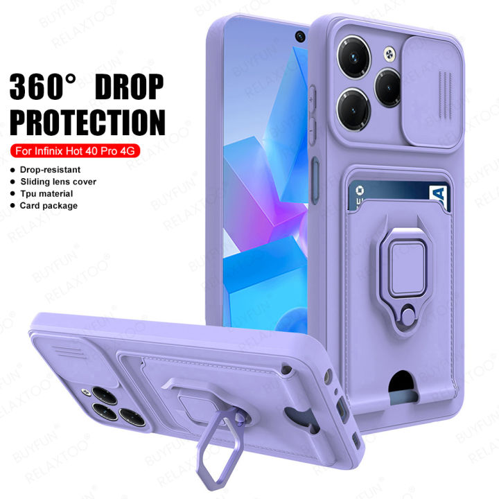 For Infinix Hot 40 Pro Case Push Camera Protector Soft Cover Hot40 40i 40Pro Hot40Pro 4G Car Magnetic Card Slot Ring Stand Funda