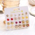 12 Pairs/set Crystal Rhinestone Flower Stud Earring For Women Heart Stars Snowflakes Combination Earrings Jewelry Accessories.