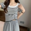 French Style Big u Collar Black and White Striped Shoulder Square Collar Short Sleeve T T-shirt Women's Summer Design Sense Niche Short Clavicle Top. 